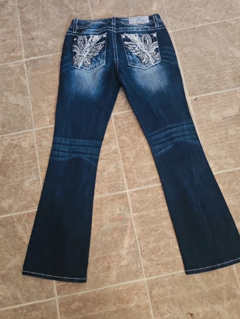 $108 Miss Me Jeans "Silver Leather Inserts Fleur de Lis Wings" Boot 28 X 30